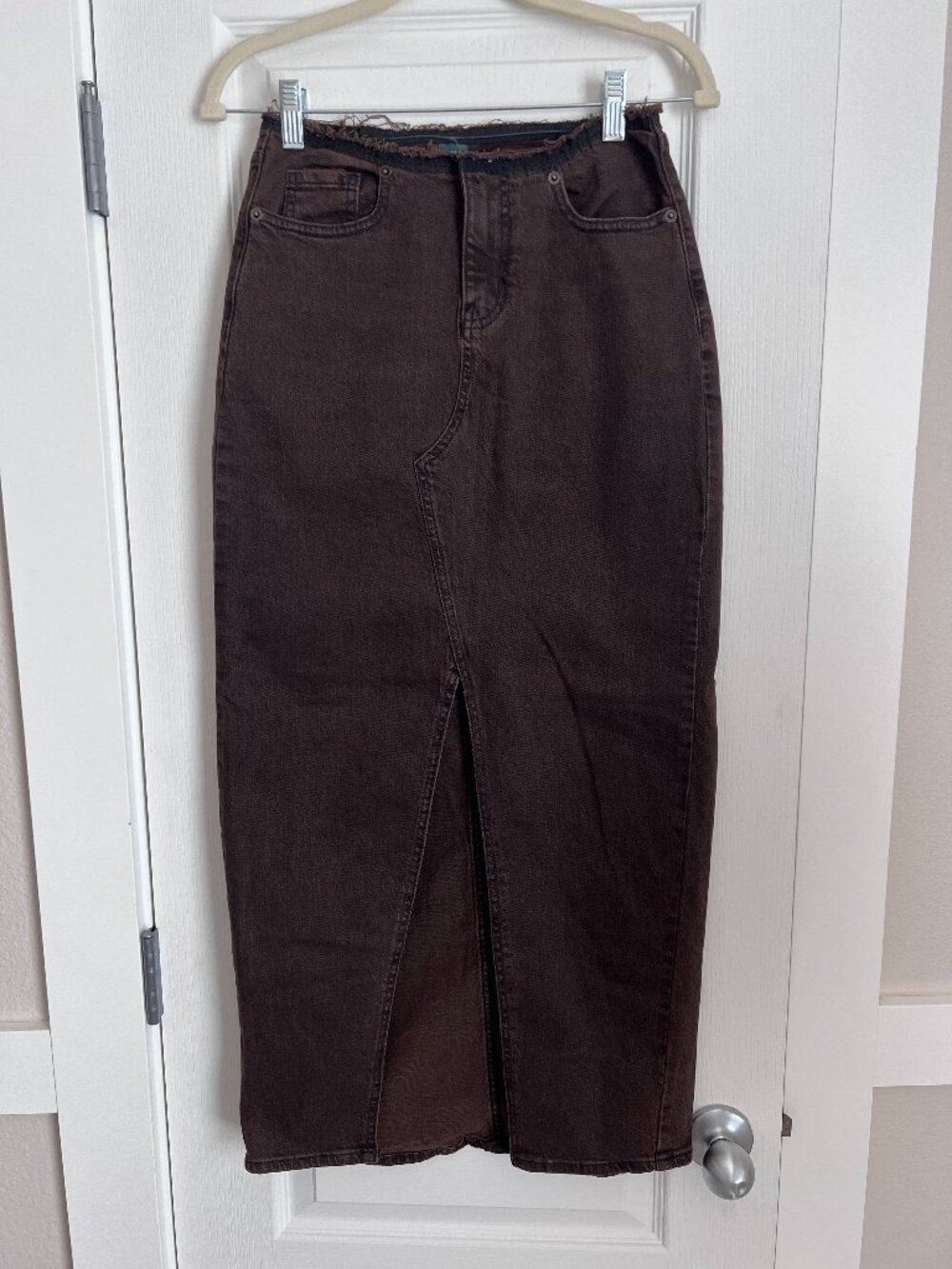 Wild Fable Brown Denim Maxi Skirt Front Slit Raw Hem 00 Regular